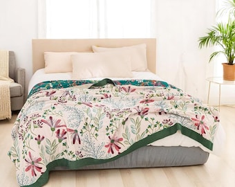 Cotton Floral Throw Bedspread: Vintage Reversible Botanical Sofa Blanket