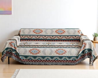 Woven Ethnic Southwestern Throw Blanket: Modern Art Reversible Fringed Sofa Cover