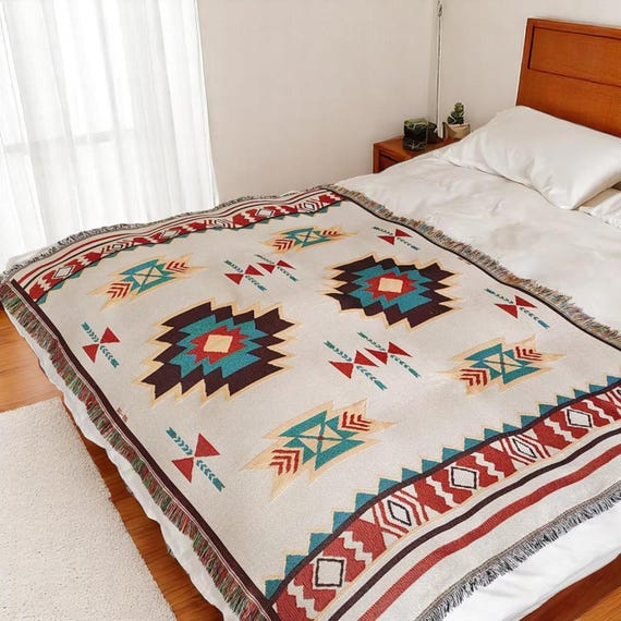Woven Aztec Southwestern Throw Blanket: Modern Art Reversible Fringed Sofa Cover