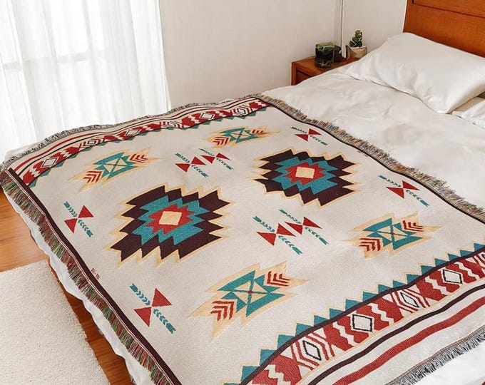 Woven Aztec Southwestern Throw Blanket: Modern Art Reversible Fringed Sofa Cover