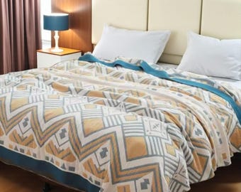 Boho Geometric Throw Bedspread: Vintage Reversible Pure Cotton Sofa Blanket