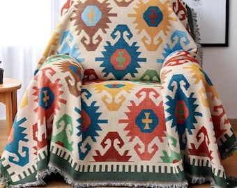 Woven Geometric Throw Blanket: Modern Reversible Fringed Sofa Cover