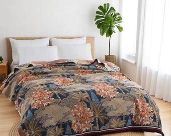 Boho Tropical Tree Blanket Bedspread: Vintage Reversible Pure Cotton Sofa Throw