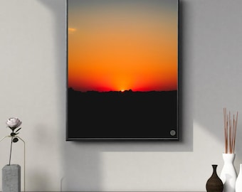 Atardecer naranja dorado sobre el bosque – Arte mural minimalista de naturaleza / Impresión fotográfica de paisajes cálidos