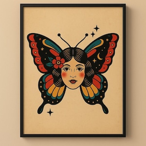 Vintage Tattoo Style|  Butterfly Woman Traditional print| Wall Art