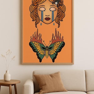 American Traditional Digital Art | Crying Woman & Fire Moth | Flash Style Print