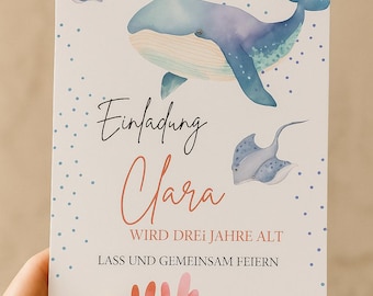 Children's birthday invitation, underwater invitation, summer party, garden party, whale, personalized invitation, DIY invitation, Canva template