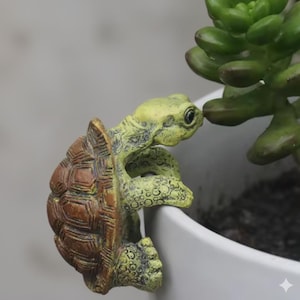 May include: A decorative turtle figurine in shades of green and brown, perched on the edge of a white pot. The turtle appears to be interacting with a green succulent plant. The figurine has a textured shell and detailed features.