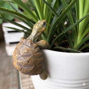 May include: A detailed, brown turtle figurine decorates a white plant pot. The turtle has a textured shell and is positioned as if climbing over the pot's edge. Green plant leaves fill the background, creating a natural, decorative scene.