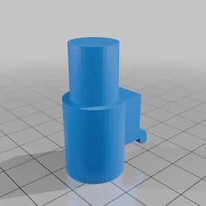 May include: A 3D-rendered, light blue object with a cylindrical shape. It features a larger base cylinder, a smaller cylinder on top, and a rectangular extension with a curved notch. The object is set against a grid background.