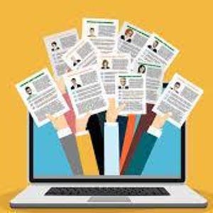 May include: Illustration of a laptop with a black screen, displaying several resumes held up by multiple hands. The resumes have headshots and text. The background is a solid yellow colour.