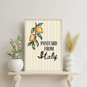 Carte postale italienne à imprimer - Poster vintage citron - Art mural méditerranéen à rayures