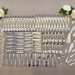 Vintage Ercuis Mousseline Silverplate Flatware Set: 155-Piece French Service for 22