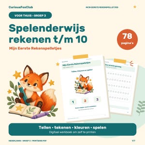 Può includere: Un quaderno di esercizi digitale intitolato Spelenderwijs rekenen t/m 10 di CuriousFoxClub con un'illustrazione di una volpe. La copertina mostra il testo Mijn Eerste Rekenspelletjes, 78 pagina's e Tellen, tekenen, kleuren, spelen. Include pagine con esercizi di conteggio.