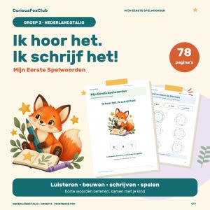 May include: A digital educational workbook titled Ik hoor het. Ik schrijf het! featuring a cartoon fox illustration. The cover displays the text Mijn Eerste Spelwoorden and 78 pagina's. Two internal pages show exercises with a fox, the word kat, and flower drawings.