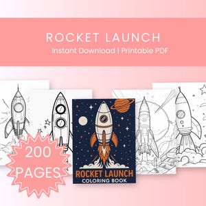 Op de afbeelding: Een Rocket Launch kleurboek met 200 pagina's, met verschillende raketontwerpen. De omslag toont een opstijgende raket, met de tekst "Rocket Launch Coloring Book". De achtergrond is een roze banner met de tekst "Rocket Launch" en "Instant Download | Printable PDF."