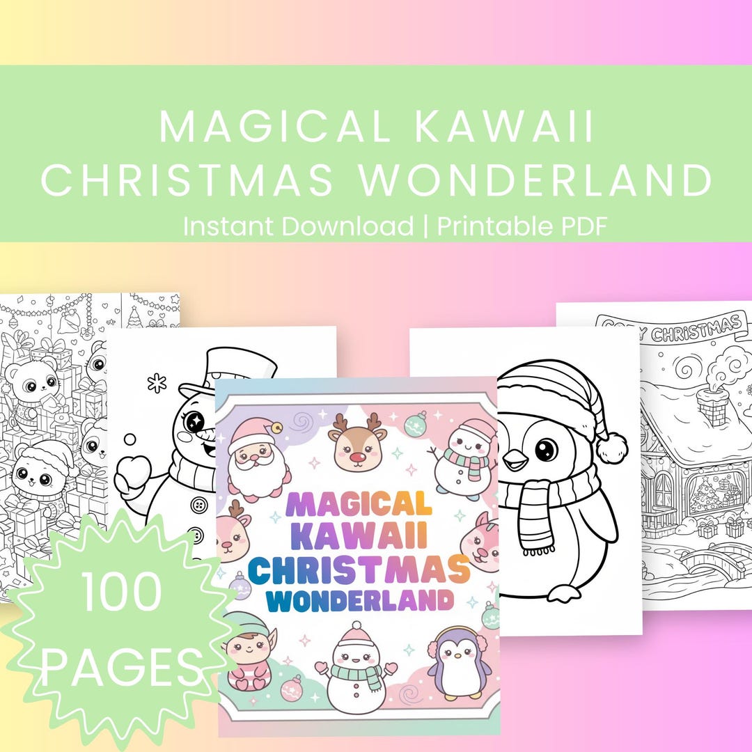 Kawaii Christmas Coloring Book: 100 Cute Holiday Pages for Kids ...