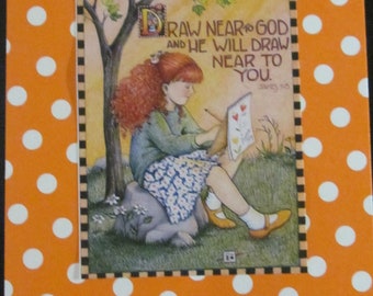 Upcycled Mary Englebreit post card, James 4:8 "Draw near to God..."