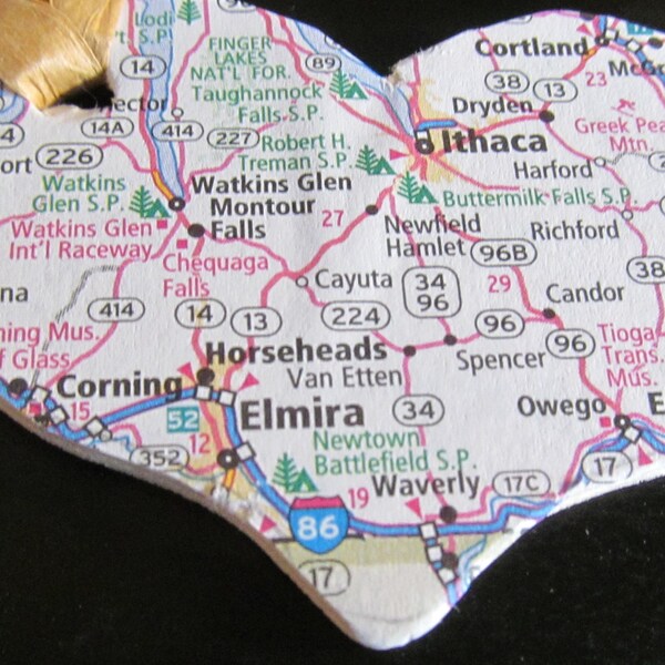 New York, Ithaca, Elmira, Horseheads, Corning, Cortland, Watkins Glen -- Heart Ornament Atlas, Upcycled (Ref. No. 28)