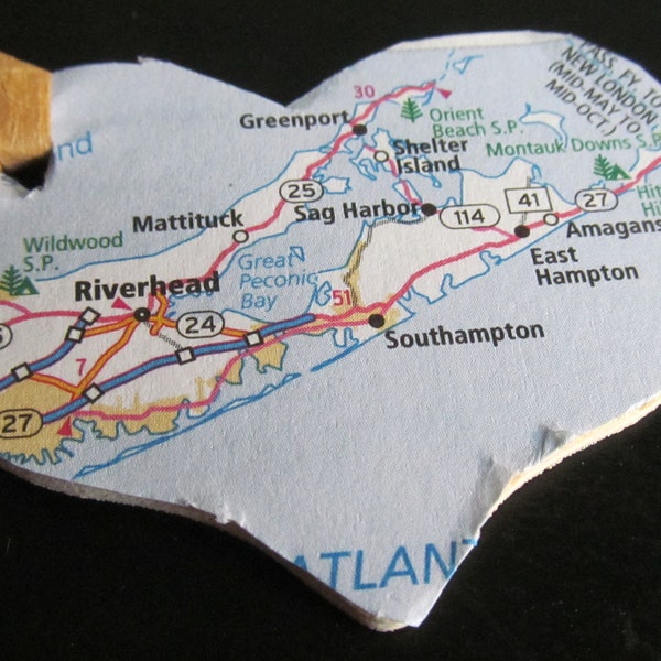 New York, Riverhead, Mattituck, Greenport, Sag Harbor, Southampton, Amagansett, East Hampton -- Heart Ornament Atlas, Upcycled (Ref. No. 53)