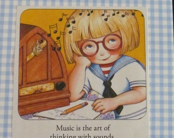 Upcycled Mary Englebreit post card, "Music is the art of thinking with sounds." Jules Combarieu