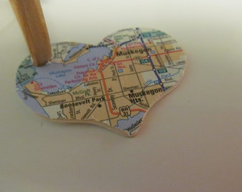 Muskegon, Michigan Heart Ornament -- Atlas, Upcycled (Ref. No. 9)