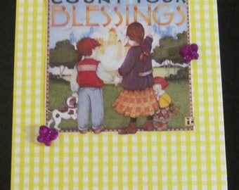 Upcycled Mary Englebreit post card, "Count your blessings"