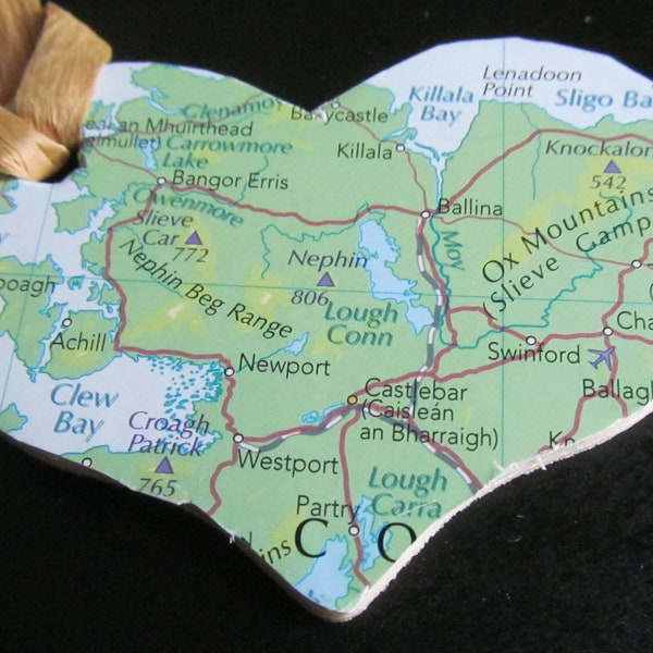 Ireland, Clew Bay, Lough Conn, Killala Bay, Sligo Bay -- Heart Ornament Atlas, Upcycled (Ref. No. 80