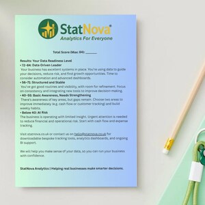 May include: A business assessment document with a blue and green gradient, a pencil, and keys. The document features the StatNova Analytics logo and text detailing data readiness levels and business insights.