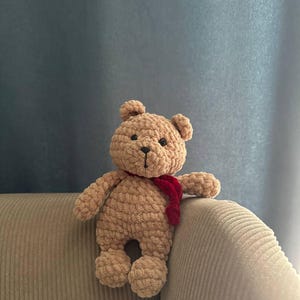 Crochet Teddy Bear in Red Scarf Brown Plush Toy Handmade Soft Gift for Kids and Adults