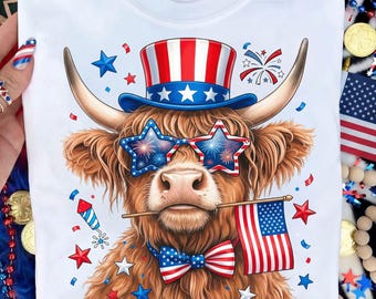Highland Cow 4th of July PNG, Patriotic Cow Sublimation Design, USA 250th Anniversary Digital Download, American Flag Cow Graphic