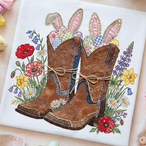 May include: A white square textile with embroidered brown cowboy boots filled with Easter eggs and bunny ears. The boots are surrounded by colourful flowers, with more Easter decorations in the background. The boots have blue denim accents.
