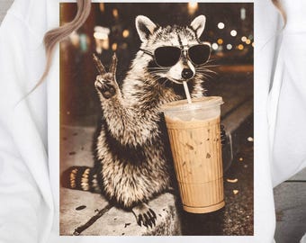 Raccoon Drinking Iced Coffee PNG, Coffee Raccoon PNG, Funny Animal Meme PNG, Retro Prehistoric Png, Gift For Animal Lover