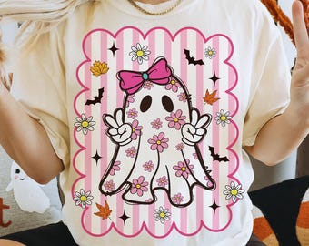 Schattig spook PNG, preppy Halloween-png, retro Halloween-png, Halloween-sublimatieontwerp met strikken en bloemen, digitale download voor shirts