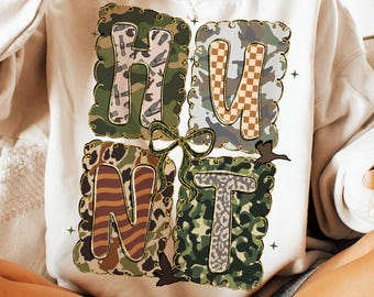 Temporada de caza de camuflaje PNG, Coqueta de caza con purpurina PNG, Patchwork de camuflaje PNG, Caza de ciervos preppy PNG, Arco de camuflaje de otoño para niña PNG, Caza de otoño