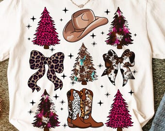 Howdy Christmas Png, Cowgirl Western Christmas Trees Png, Pink Leopard Coquette Xmas Bow Png, Cute Country Shirt Design, Holiday Sublimation