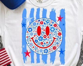 Retro Smiley America Png, Patriotic Floral Smiley Face PNG, USA 250, Preppy 4th Of July Brushstroke Flag, Folk Flower Scallop Stars Stripes