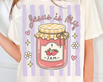 Jesus Is My Jam PNG, Cute Strawberry Jar Christian Shirt, Cottagecore Gingham Daisy Hearts, Funny Faith Design, Digital Download