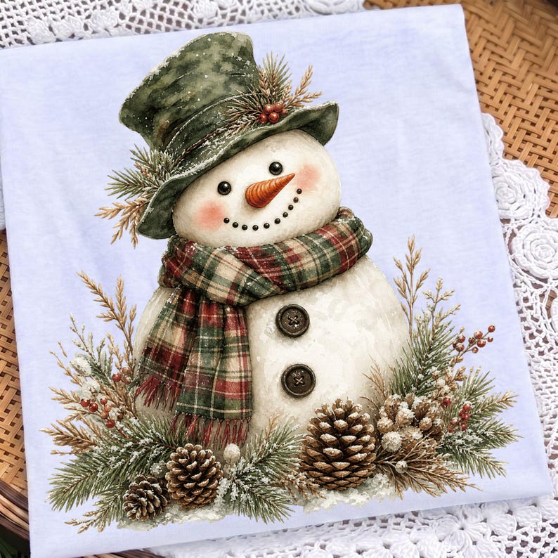 May include: A white t-shirt featuring a graphic of a snowman wearing a green top hat and a red and green plaid scarf. The snowman has two brown buttons on its torso, a carrot nose, and is surrounded by pine branches, pinecones, and red berries.