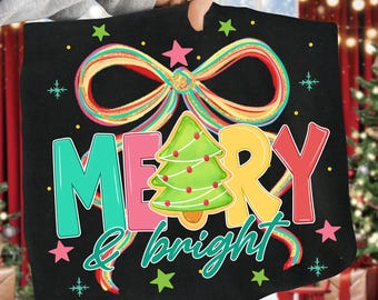 Merry and bright PNG, Preppy Merry Christmas Png, Glitter Christmas Shirt Png, Christmas Coquette Sublimation Png, Xmas png, Christmas Tree