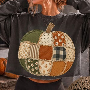 May include: A charcoal grey long-sleeve cropped sweatshirt featuring a large, central pumpkin graphic made of various fabric patches. The pumpkin design consists of squares with diverse patterns including floral prints, stripes, polka dots, and plaid.