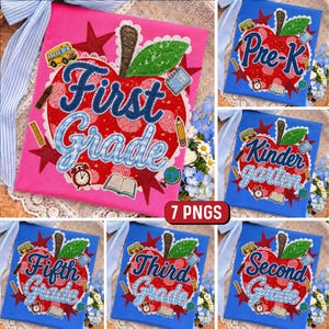 May include: A collection of school-themed t-shirts. The shirts feature an apple design with the words "First Grade", "Pre-K", "Kindergarten", "Fifth Grade", "Third Grade", and "Second Grade". Each shirt has a different color background.
