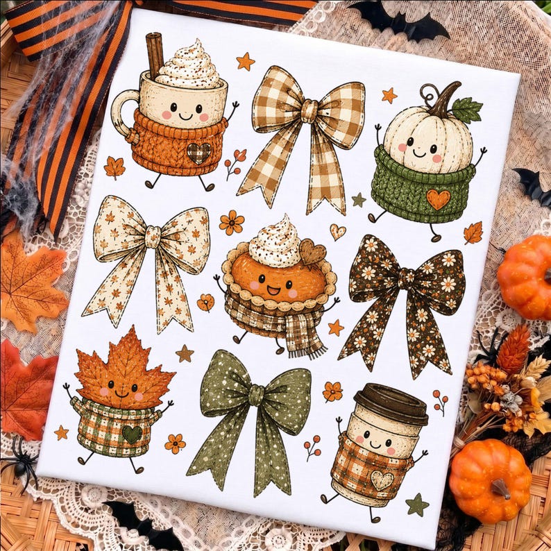 May include: A white rectangular print featuring cartoon illustrations of autumn-themed items including a mug with whipped cream, a pumpkin in a sweater, a pie, a maple leaf, and a coffee cup, all interspersed with four patterned bows.