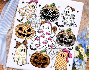 Coquette Leopard Pumpkin Ghost PNG, Retro Halloween Girly Ghost Sublimation, Retro Checkered Ghosts Pumpkin Cherries PNG, Cute Spooky Fall
