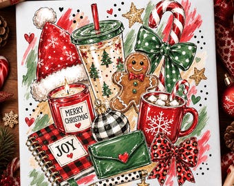 Preppy Christmas Doodles Png, Merry Christmas Collage Sublimation, Gingerbread Cocoa Shirt, Holiday Joy Png, Coquette Christmas PNG