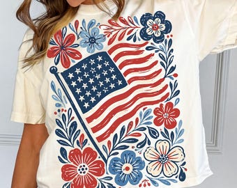 American Flag Floral PNG, Folk Art Patriotic Shirt, Wildflower Red White Blue Botanical, 4th Of July 250, Digital Download