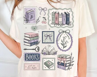 Just One More Chapter PNG, Coquette Books Collage Shirt, Cottagecore Bow Stamp Floral Key Library, Bookish Gift, Digital Download