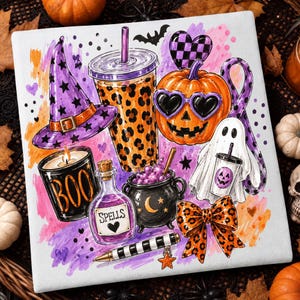 May include: A square canvas print featuring a colorful Halloween illustration with a purple witch hat, a leopard print tumbler, a jack-o'-lantern wearing heart sunglasses, a candle labeled BOO, a potion bottle labeled SPELLS, a cauldron, and a ghost.