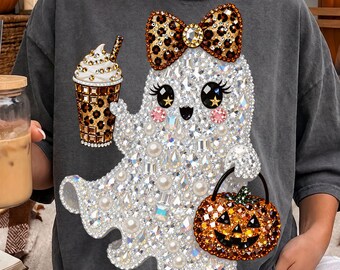 Rhinestone Ghost Png, Sparkle Leopard Bow Ghost Png, Cute Ghost Halloween Sublimation Png, Iced Coffee Ghost Png, Spooky Season Png