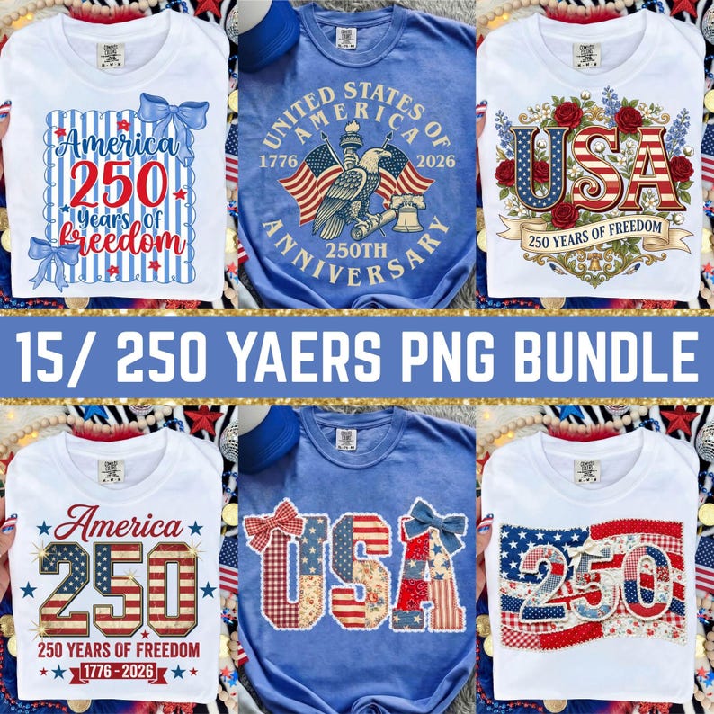 May include: Collection of patriotic t-shirts with various designs celebrating the 250th anniversary of the United States. Designs include the American flag, the words "America 250 Years of Freedom", and the text "USA". The shirts are white and blue.